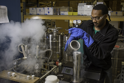 Technician pouring LHe into a Dewar